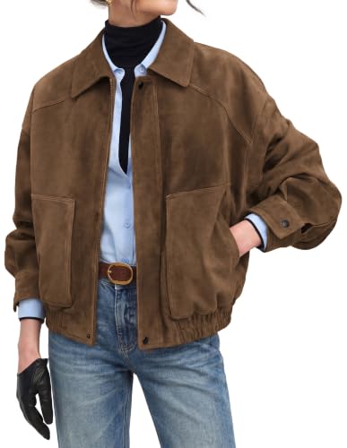 GRACE KARIN Women's Faux Suede Jacket Fall Long Sleeve Coat Brown S