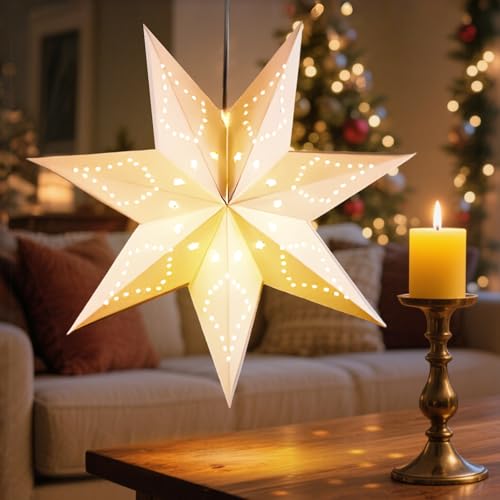 Darryy Stelle di Carta da Appendere 75 cm, Stella di Natale Luminosa con Lucine da 5 m, Addobbi Natalizi da Appendere al Soffitto, per Matrimoni, Feste, Natale, Decorazioni (Bianco)