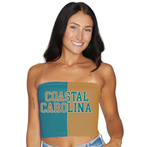 Lojobands Women's Tailgate Outfit College Two Tone Color Block Tube Top Made in USA One Size Fits Most (Coastal Carolina Chanticleers - Teal & Bronze)