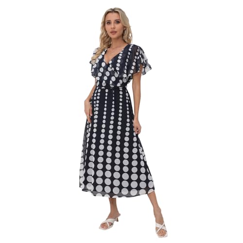 Image of Women's Casual Summer Dot Dress - V-Neck Short Sleeve Boho Dress, Wedding Guest Navy