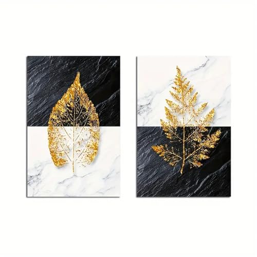 Tableau Feuilles Dorées 50x70 cm | Duo d'art mural moderne marbré noir et blanc pour salon