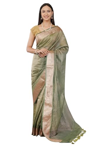Mela Bazaar Banarsi Crush Tissue Saree for Women/Vegan Silk/Fall Attached/Blouse Fabric Included/Tassels Attached (Green Gold)
