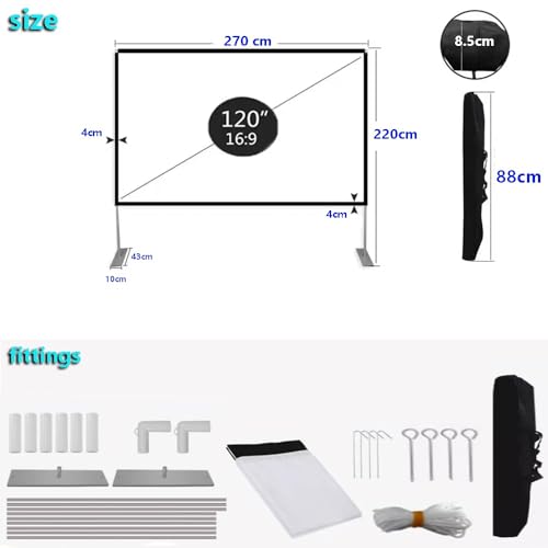 Pantalla de proyección portátil para exteriores con soporte 120 pulgadas 16:9 HD plegable, pantalla de video antiarrugas con bolsa de transporte miniatura 6