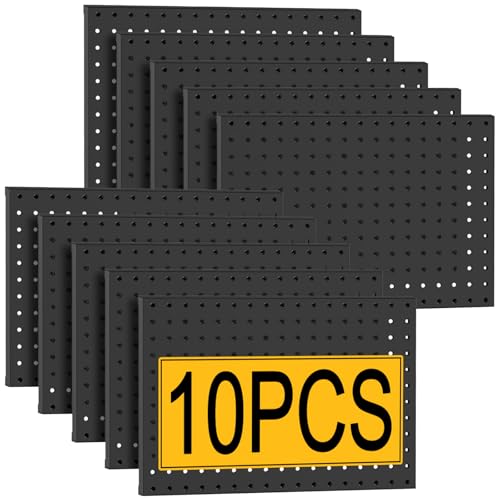 PBHEPJ 10 Pcs Metal Pegboard Panels Heavy Duty Peg Boards for Garage and Garden Tool Storage Includes Drywall Anchors and Screws Kits Black (10 pcs 16in x 12in)