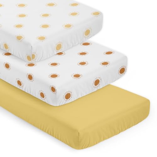 Image of Sweet Jojo Designs 3-Piece Baby Crib Sheets Set (White and Yellow Boho Sun) for Girls /Boys, Infant Nursery, Toddler Room - Fitted, Standard Size (Solid Mustard & Pumpkin Orange Bohemian, Celestial)