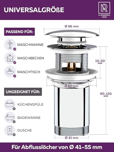 M. ROSENFELD HOME Ablaufgarnitur Waschbecken 1 1/4 – Push Open Pop Up Ablaufventil für Waschtisch, Waschbeckenablauf & Abflussgarnitur mit & ohne Überlauf, Waschbecken Zubehör