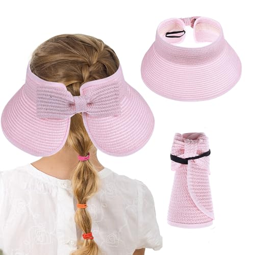 GNEGNI LIFE Sombrero de sol enrollable para niños, sombrero de paja de verano, transpirable, plegable, visera ajustable, sombrero de ala ancha, plegable, con lazo en la parte superior, sombreros para