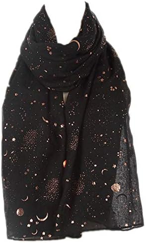 Tinpia Fashion Scarf for Women, Lightweight Colorful Shawl with Star Moon Pattern for Girls Ladies Women Black