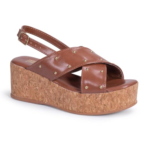 Sandalia Feminina Plataforma X Tachas Anabela Confortável Via Angel 10301 (Caramelo, BR, Adulto, Numérico, 36)