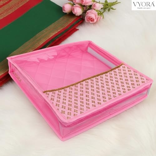 Image of Premium Saree covers for storage Pack of 3 Saree covers with zip transparent Saree bags Sequin Design Cloth organizer Cloth covers for packing Wardrobe organizer Saree pouch (Pink, Pack of 3)