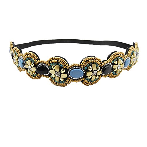 Ever Fairy Fashion Retro Women Hairband Crystal Rhinestone Turquoise Beads Headband Hair Band (Gold Gemstone)