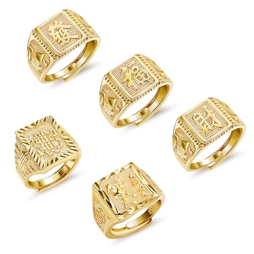5Pcs 18K Gold Filled Hip Hop Gold Rings Set for Men Women Signet Kanji Rings Rich Luck Wealth Success Dollar Ring Set Adjustable Size