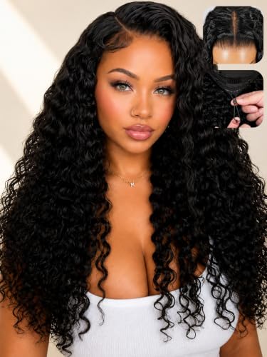 26 Inch 7x6 Glueless Wigs Human Hair Pre Plucked Pre Cut Deep Wave Black