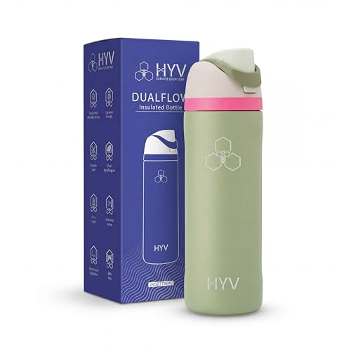 Image of HYV DualFlow Insulated Stainless Steel Water Bottle 750ml | Dual-Cap Sipper & Chug for Adults & Kids | Leakproof, BPA-Free, Hot & Cold Thermos | Gym, Sports, Travel, School Flask | Sage Green