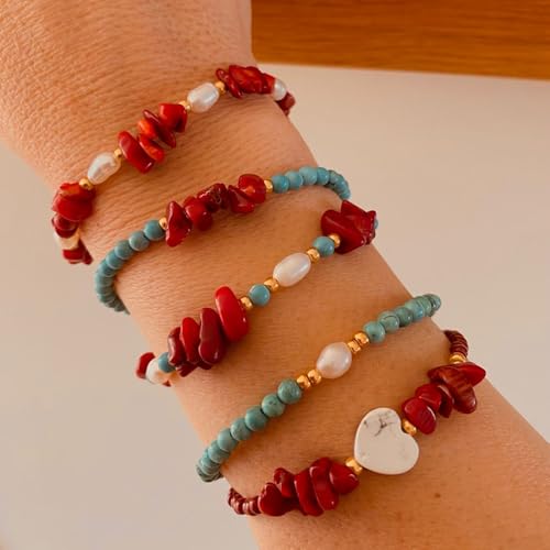 Red Jasper Turquoise Beads Stackable Elastic Bracelet for Women,5PCS/set Pearl White Heart Stack Bracelets Charm Accessories Fashion Jewelry Gifts3
