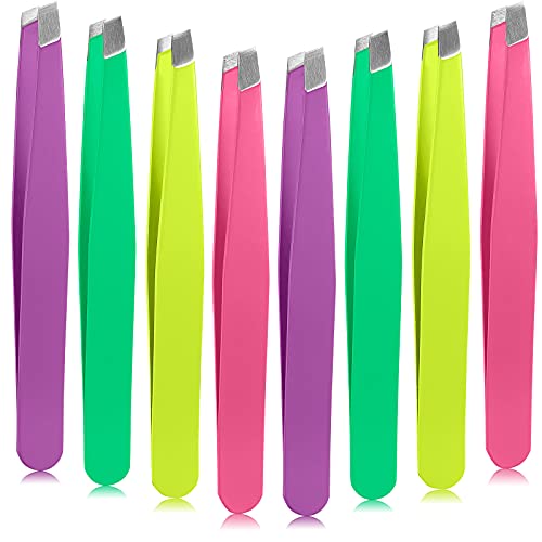 16 Pieces Slanted Tweezers, Eyebrow Slanted Tip Tweezers Precision Stainless Steel Eyebrow Tweezers for Eyebrows, Ingrown Hair, Facial Hair and Lash Extension (Rose Red, Purple, Green, Yellow)