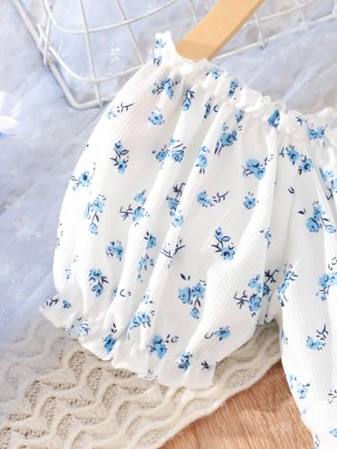 OYOANGLE Girl's Floral Print Short Puff Sleeve V Neck Crop Blouse Frill Trim Cropped Shirt Tops4