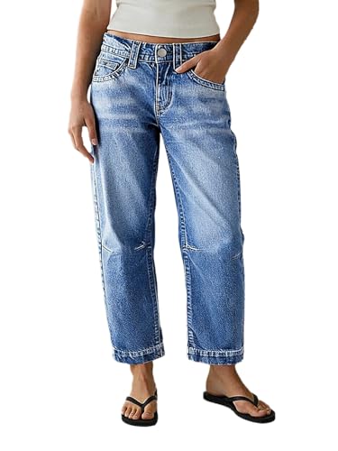 Flamingals Straight Leg Cropped Jeans for Women Mid Waist Stitch Detail Casual Denim Pants Mid Blue M