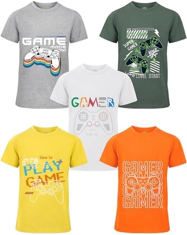 NUVORO 5 Pack Boys Shirts Cotton Youth Graphic T-Shirts Kids Summer Tops Shirts for Boys with Print Tee Clothes Color B L