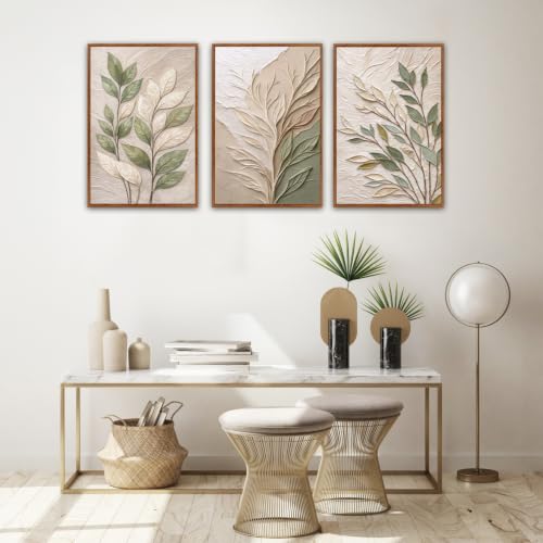 Image of CHDITB 3D Impasto Sage Green Leaf Wall Art, Boho Earth‑Tone Foliage Decor