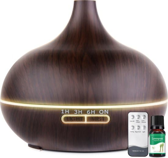 Vivid Green Aroma Diffuser, Kunststof, LED Moodlight, Donkerbruin, Aromatherapie, Luchtbevochtiger voor Slaapkamer en Woonkamer, Timer en Afstandsbediening, Elektrisch, 550ml, 40m²