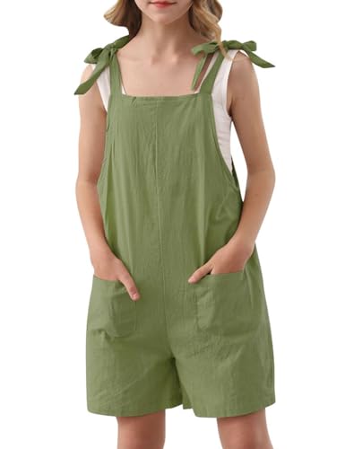 Image of Girls Romper Sleeveless Adjustable Tie-Up Strap Short Jumpsuits Summer Clothes with Pocket 5-12 years