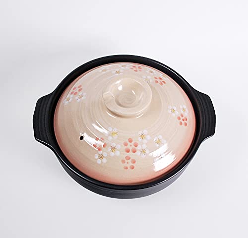 Hinomaru Collection Japanese Style Donabe Earthenware Clay Pot Hot Pot Casserole Sakura Cherry Blossom Hana Flower Design (100 Fl Oz (10.75" Dia)) #TOP3
