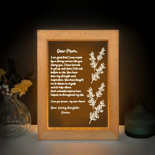 Fastpeace Perrsonalized LED Light Frame with Heartfelt Message for Mom, Letter For Mom Floral Design Wooden Frame, Illuminated Letter Display Mother's Day, Birthday Gift, Custom Your Message, Name