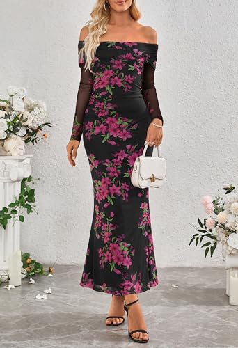 MEROKEETY Women's Fall Off Shoulder Floral Maxi Dresses Formal Long Sleeve Bodycon Cocktail Wedding Guest Dress2