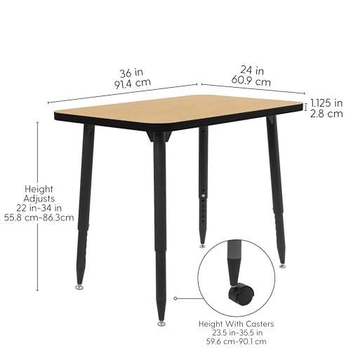 Image of Adapte Commercial Classroom Activity Table - 24 inch x 36 inch Rectangle, ADA Compliant Tapered Legs with Glides & Casters, Adjustable Height 22-34 inch Wheelchair Accessible, School & Office Furniture