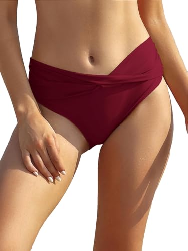 SHEKINI Women's Bikini Bottom Twist Front Swimsuit Brief Ruched Medium Waisted Bathing Suit Bottoms Wine Red