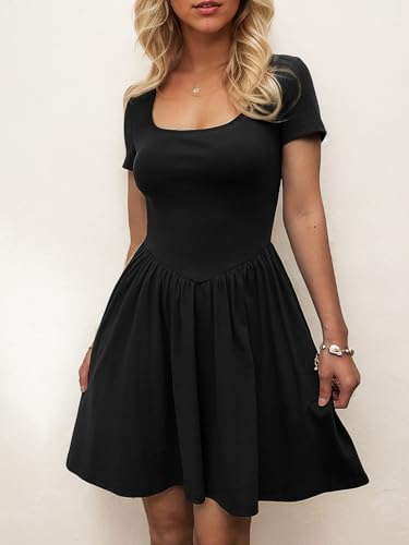 Women's Summer Casual Short Sleeve Mini Dress Square Neck A Line Pleated Swing Dresses Basic Short Dress with Pockets3
