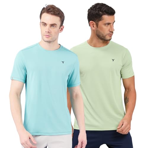 Image of TECHNOSPORT Men's 100% Polyester Slim Fit Solid Short Sleeve T-Shirt for Gym, Workout, Sports and Regular Use - Pack of 2