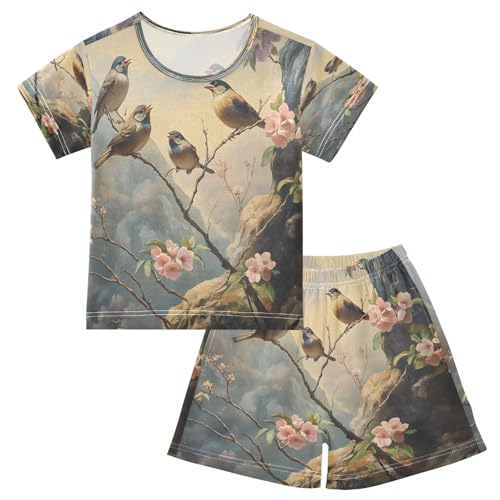ALAZA Bird Flower Blossom Mountain Pajamas Set Short Sleeve Cotton Sleepwear Summer Pjs 2 Piece 5-14Y