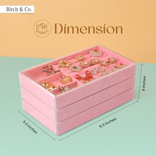 Image of Birch & Co. Jewellery Box - 3 Layer Jewellery Organizer Storage Box, Portable Travel-Friendly Storage. Elegant Storage Case for Rings, Earrings, Necklaces & Bracelets, Pink