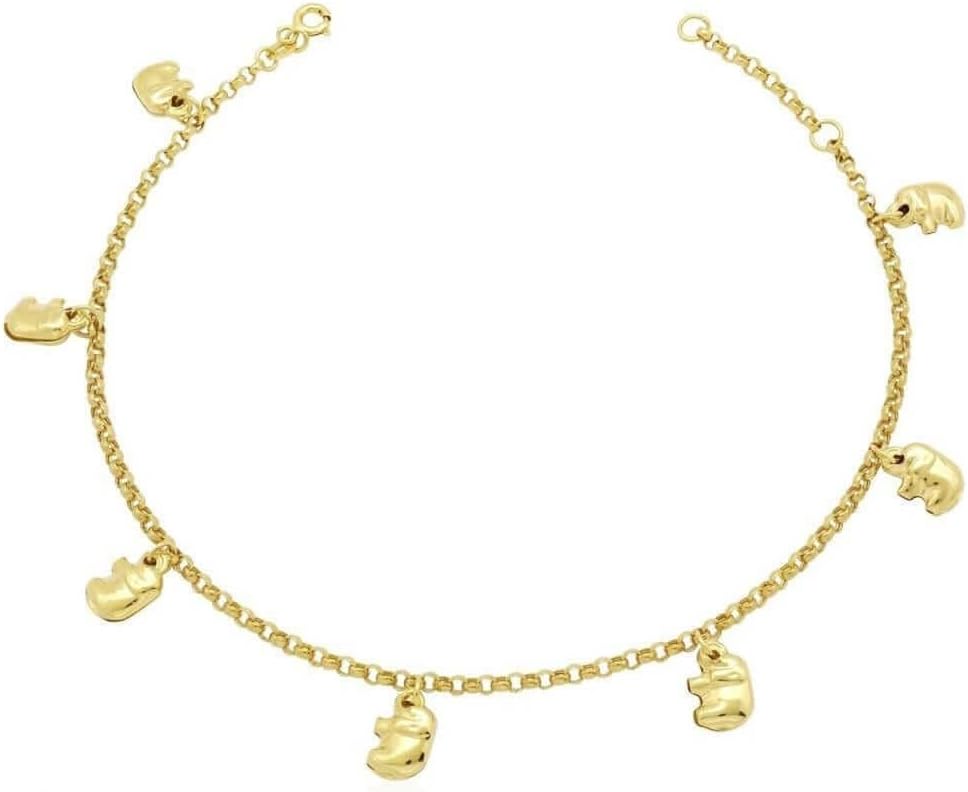 WJD Exclusives 10K Yellow Gold Elephant Rolo Spring Ring Clasp Anklet (Solid Links) 10"