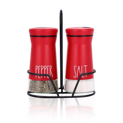 Image of Aelga Farmhouse Salt & Pepper Shakers with Holder, Adjustable Holes - Red | 4oz glass body, wide mouths for easy refills and cleaning, closed lids help keep spices fresh for kitchen and dining use.