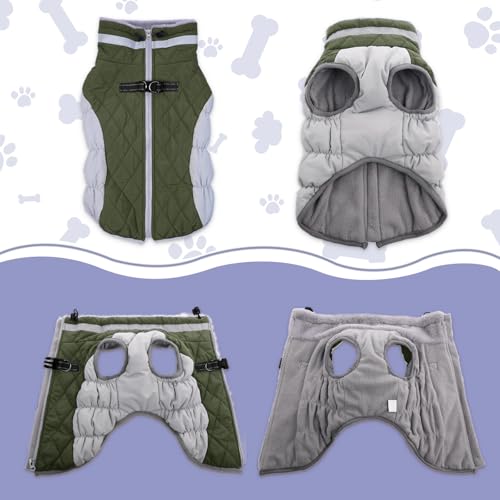Image of Lelepet Dog Coat Warm Dog Winter Coat Waterproof Dogs Jacket with Harness | Reflective Pet Fleece Vest Zip-Up Cold Weather Coats for Dogs Turtleneck & Windproof Coats Chihuahua Army Green XS