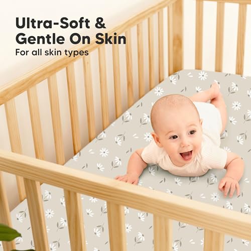 Image of 2-Pack Waterproof Baby Crib Sheets for Boys, Girls - 52x28 Viscose Derived from Bamboo Toddler Bed Sheet Neutral, Fitted Crib Mattress Protector Cover for Baby Bedding, Soft & Gentle (Daisies)