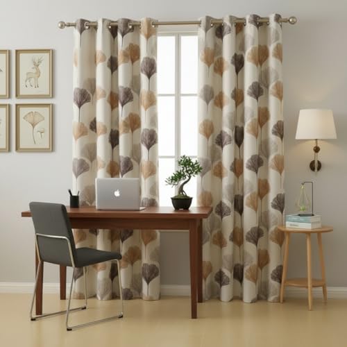 Image of HUTI 5 Feet Brown Window Curtain Set of 2 | Semi-Transparent Ginkgo Tree Printed Curtain | Soft Polyester Eyelet Curtains for Living Room & Bedroom 4x5 ft (120 x 150 cm) | Best for Home Decor