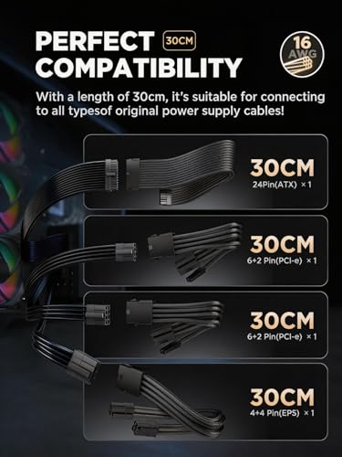 AsiaHorse Przedłużacz kabla PSU, Zestaw kabli w osłonie PC dla GPU/CPU, Przedłużacze kabli zasilających 18AWG z grzebieniami kablowymi, 24PIN/(6+2) PIN/(4+4) PINi, 30CM, Czarny