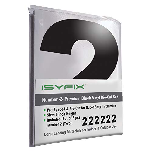 iSYFIX Black Vinyl Number 2 (Two) Stickers, 6 Inch, 6 Pack, Self Adhesive