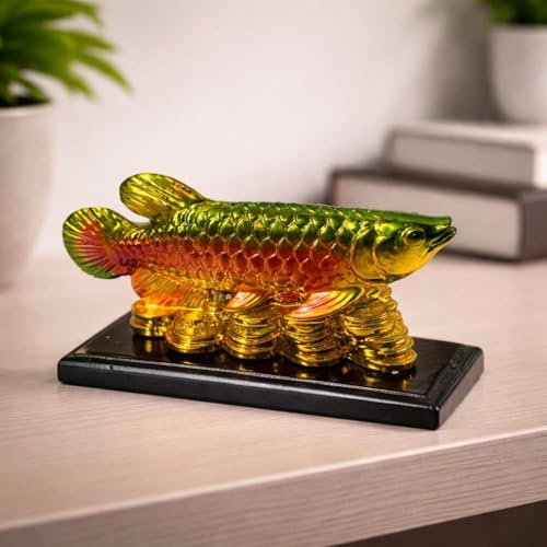Image of Feng Shui Golden Arowana Fish Showpiece with Chinese Coins on Black Wooden Base | Green & Red Gradient Finish | Wealth & Prosperity Decor for Home, Office & Shop