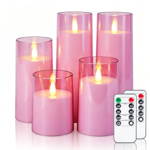 Image of Homemory Realistic Flickering Flameless Pink Candles with Remote & Timer | LED Fake Electric Pillar Candles Battery Operated for Home, Wedding, Christmas Decor, Set of 5