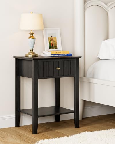 HEYZOEY Bedside Table Chest of 1 Drawer, Bedside Cabinet Wooden Nightstand, Modern Side Table for Living Room,Bedroom,Office,Black