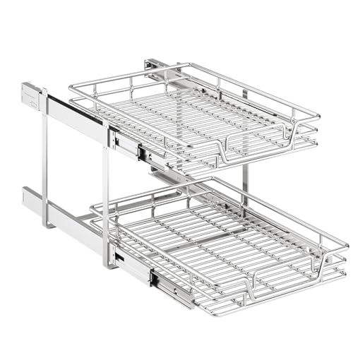 QUYUWU 2-Tier Kitchen Cabinet Pull Out Shelf and Drawer Organizer Slide Out Pantry Storaqe Basket in Multiple Sizes (16" W x 21" D)