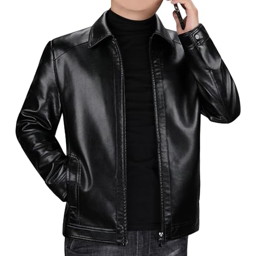 Men's Faux Leather Stand Collar Fleece Lined Jacket Slim Fit Cozy Coat Lightweight Windproof Jackets