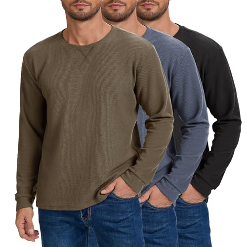 DEHORU 3 Pack Mens' Waffle Shirts Long Sleeve Shirt Regular Fit Casual T-Shirt Crewneck Lightweight Pullover (BKDGKA L)