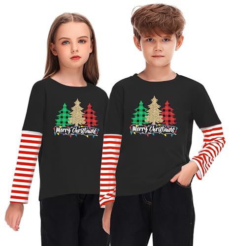 Image of Remimi Unisex Kids Christmas Long Sleeve Shirt Xmas Print Stripe Shirts 2-12 Years