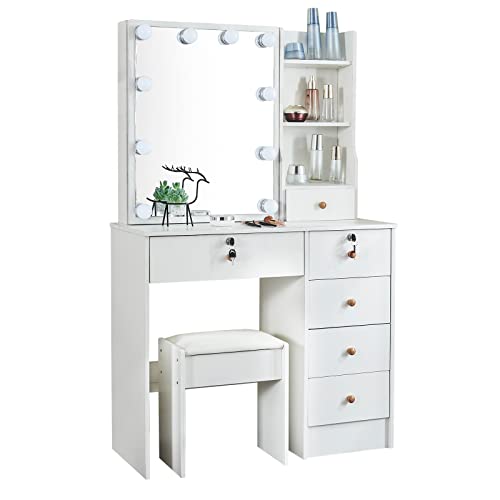 Xinhonglei Vanity Desk with Lights, Makeup Vanity with Mirror and 10 LED Bulbs, Dressing Table with 5 Drawers, Vanity Table Set with Cushioned Stool for Kids Girls Bedroom - Thumbnail 2